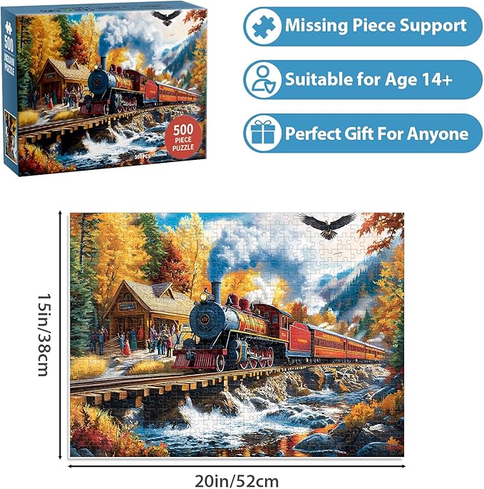 Puzzles for Adults 500 Pieces, Train Puzzle for Adults, Fun Fall Landscape Jigsaw Puzzles Seniors, 500 Pieces Recycled Cardboard Puzzle, Challenging Family Game, 20.5 x 15 in