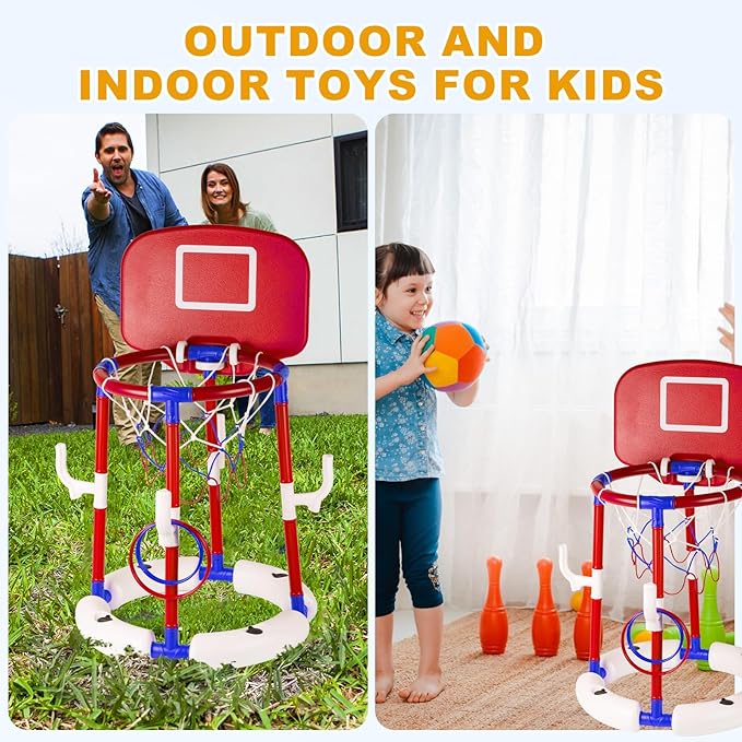 Taotuo Red Floating Pool Basketball Hoop with Backboard, 2-in-1 Basketball & Ring Toss Game with 4 Balls, 6 Rings&Pump, Summer Pool Toys Outdoor Water Fun Family Party for Age 3-12