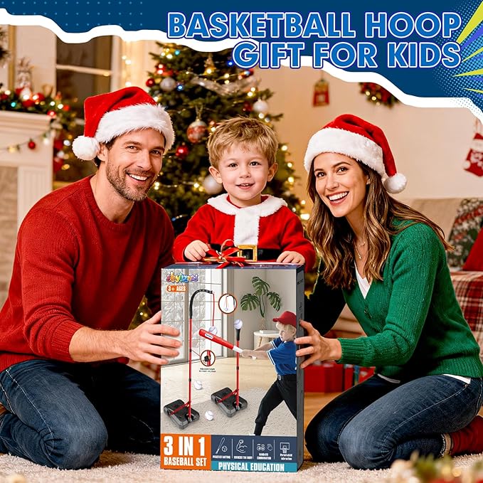 3-In-1 Kids Basketball Hoop and T Ball Set for Age 3-5 6-8, Adjustable Toddler Basketball Hoop, Hanging Tee Ball for Outdoor, Birthday Christmas Sport Toys Gift for Boys Girls 3 4 5 6 7 8 Year Olds