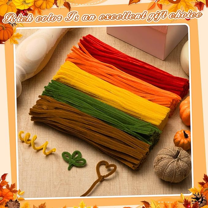 Peryiter 500 Pieces Pipe Cleaners Chenille Stems for Flowers Craft Supplies Bulk Fluffy Fuzzy Sticks for DIY Art Projects Creative Gift Wrapping Party Decorations(Fall Color,12 Inch)