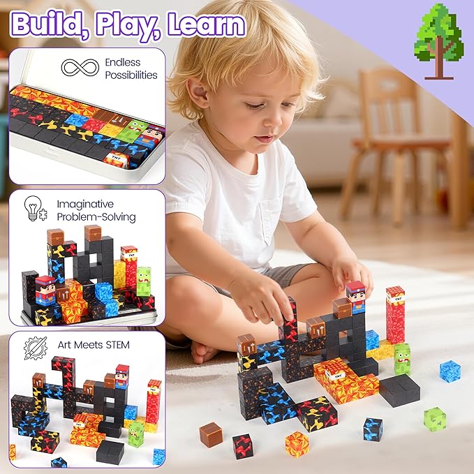 35PCS Magnetic Blocks Travel Set, Mini Magnetic Blocks Travel Toys for Kids Ages 3-5 4-8, Portable Magnet Cubes STEM Learning Toys with Portable Iron Storage Box Christmas Birthday Gifts