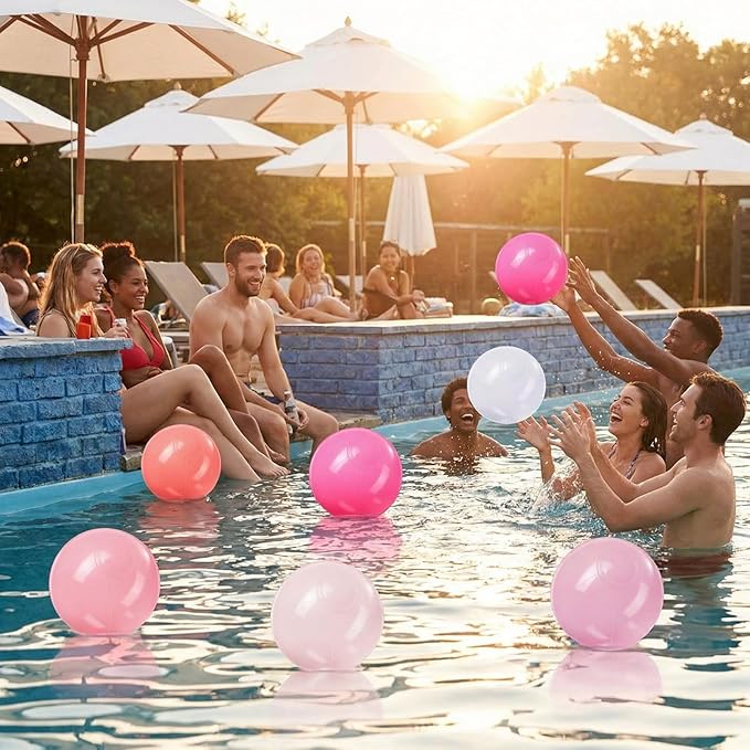 Realspring 24 Pcs Inflatable Beach Balls for Kids Bulk Pastel Solid Color Jumbo Beach Ball Swim Pool Floating Toys Baby Shower Birthday Summer Party Decor(Pink and White,10 Inch)