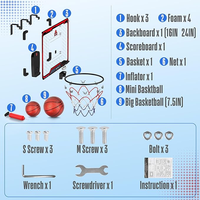 HopeRock Indoor Basketball Hoop for Kids, Over The Door Mini Basketball Hoops, with LED Light, Scoreboard, Birthday Toys Gifts for 5 6 7 8 9 10 11 12+ Year Old Boys
