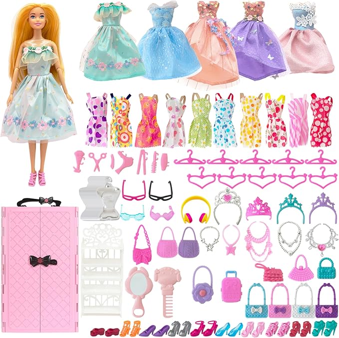 122 Pcs Doll Closet Playset with 11.5 Inch Dolls, Clothes and Accessories, Include Princess Dresses Shoes Bags Hangers Shoes Rack Doll Other Accessories, Dress Up Toys for Girls, Kids, Toddlers (Pink)