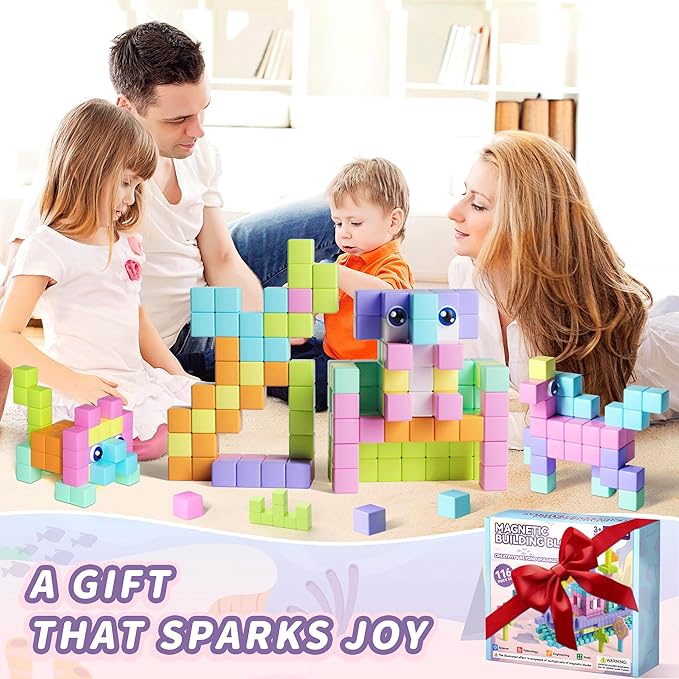 116PCS Magnetic Blocks with Magnet Eyes Toy, Magnetic Building Blocks with Storage Bag for Kids Gifts, STEM Preschool Sensory Magnetic Cubes for Toodlers Boys Girls Ages 3 4 5 6 7 8, Macaron Color