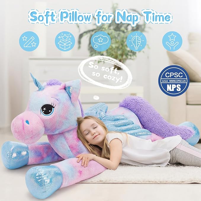 Tezituor 43 Inch Unicorn Stuffed Animal with Wings, Giant Purple Stuffed Unicorn Plush Toys for Girls Kids Boys Women,Soft Rainbow Plushie Gifts for Valentines Day,Christmas, Birthday Party