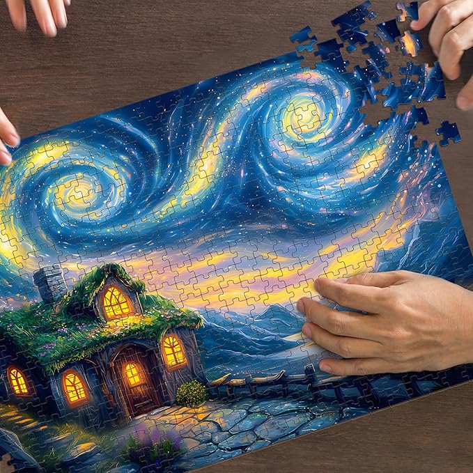 Puzzles for Adults 500 Pieces, Starry Night Jigsaw Puzzles 500 Pieces - Starry Cottage, Cottage Landscape Puzzles, Finished Size 20.47 * 14.96”, with 1:1 Poster, Letter on The Back