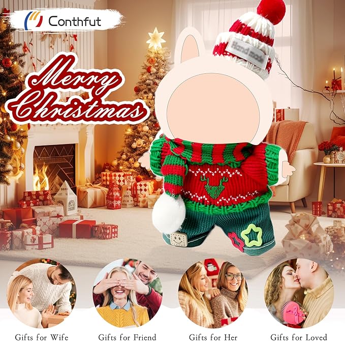 17cm Doll Clothes,Christmas Sweater Hat for Dolls Accessories,Winter Clothes for Dolls Outfit,Christmas Clothes Set (No Doll)(Red Sweater +Green)