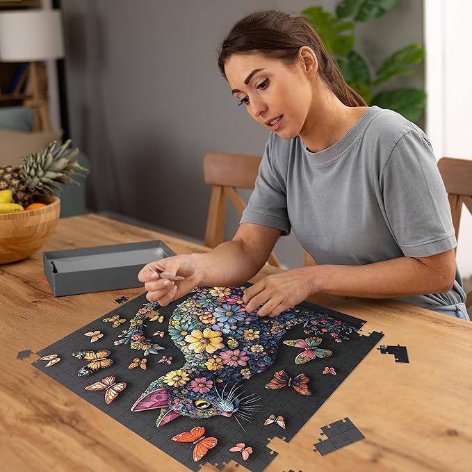 Cat 1000 Piece Puzzle for Adults, Butterfly Jigsaw Puzzles, Black Cat Flower Puzzle for Home Decor, Finished Size 23.98 * 23.98", with 1:1 Poster, Letter on The Back