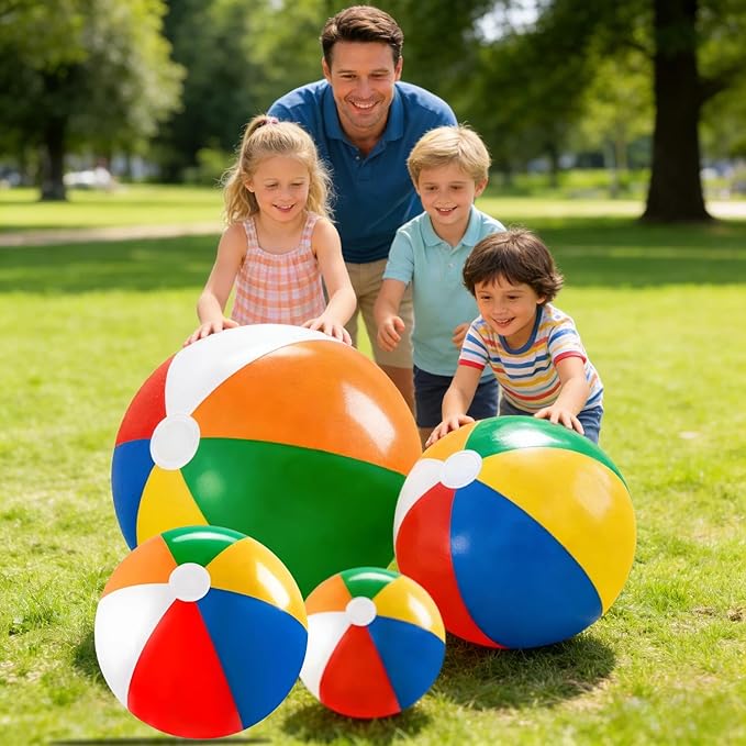 Laoha Rainbow Inflatable Beach Balls Set of 4 - Assorted Sizes 8, 12, 16, 24 Inch for Pool, Beach & Outdoor Games - Colorful Blow Up Balloons for Summer Party Decor and Water Fun