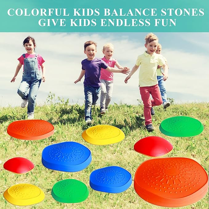 10 PCS Balance Stepping Stones for Kids, Obstacle Course Play Outdoor Backyard Activities Equipment Helps Build Children's Coordination and Confidence, Non-Slip Surface and Edging