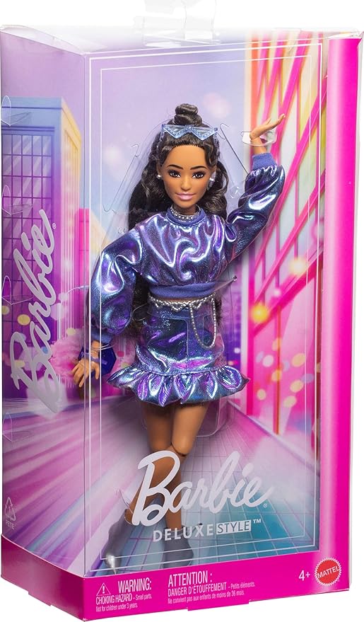 Barbie Deluxe Style Doll #7 in Metallic Blue Top and Skirt, Wavy Brown Hair, Accessories Like Silvery Jewelry, Crystal Handbag and Sunglasses