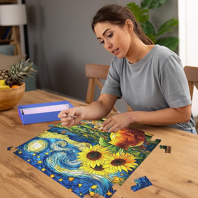 Starry Night Puzzle 1000 Pieces-Moonlit Night, Sunflower Puzzles for Adults 1000 Pieces, Jigsaw Puzzle Stained Glass, Difficult Jigsaw Puzzles for Family, Finished Size 23.98 * 23.98"