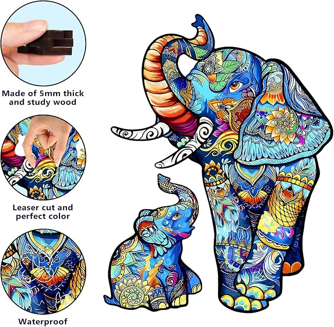Wooden Puzzles for Adults, Unique Puzzles for Adults, Irregular Animal Shaped Wooden Jigsaw Puzzles, Creative Birthday Gift, 8.1 x 8.1 inch, Elephants