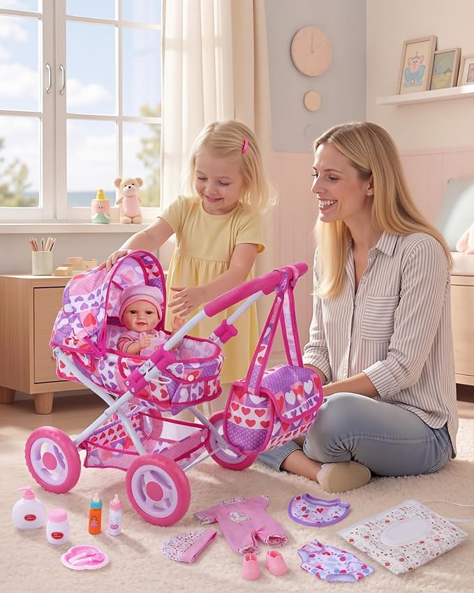 BABESIDE Baby Doll Stroller Set with 12 Inch Baby Doll, 14 Pcs Baby Doll Accessories, Folding Doll Pram Pretend Play Set, Feeding, Bath & Care Toys, Gift for Girls Ages 3yrs+