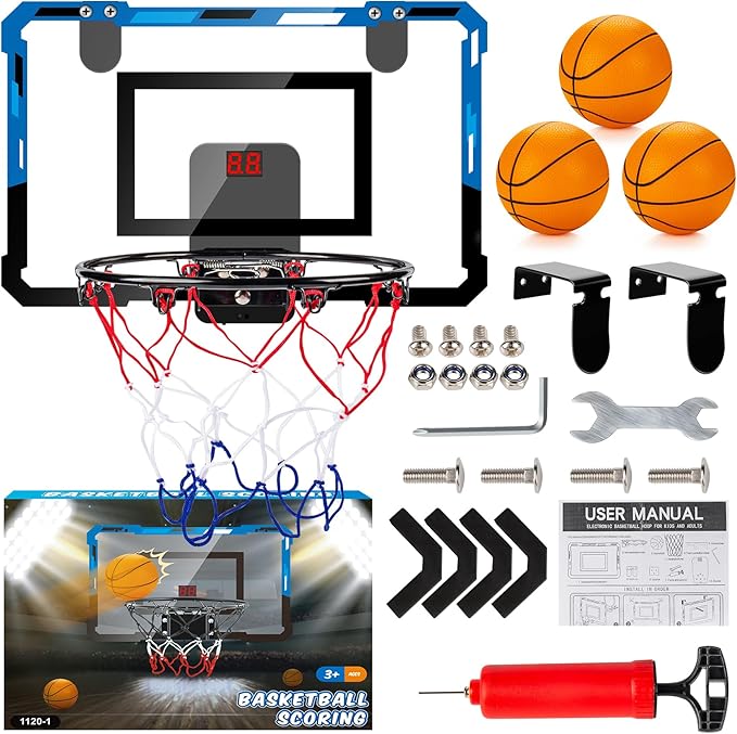 Basketball Hoop Indoor for Kids Adults with Scorer with 2 Scoring Methods, Door Room Basketball Mini Hoop with 3 Batteries and Balls, Basketball Accessories for Teen Boy Gifts, Blue