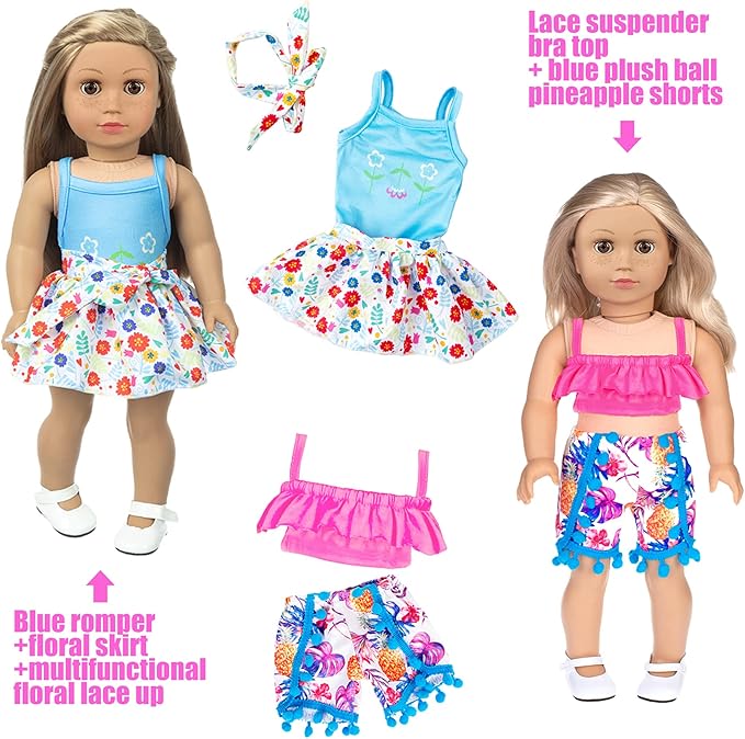 iBayda 18 Inch Doll Fashion Clothes - 10 Sets Include Outfits, Mermaid Dress, Bikini, Hats & Handbags Accessories (Doll Not Included)