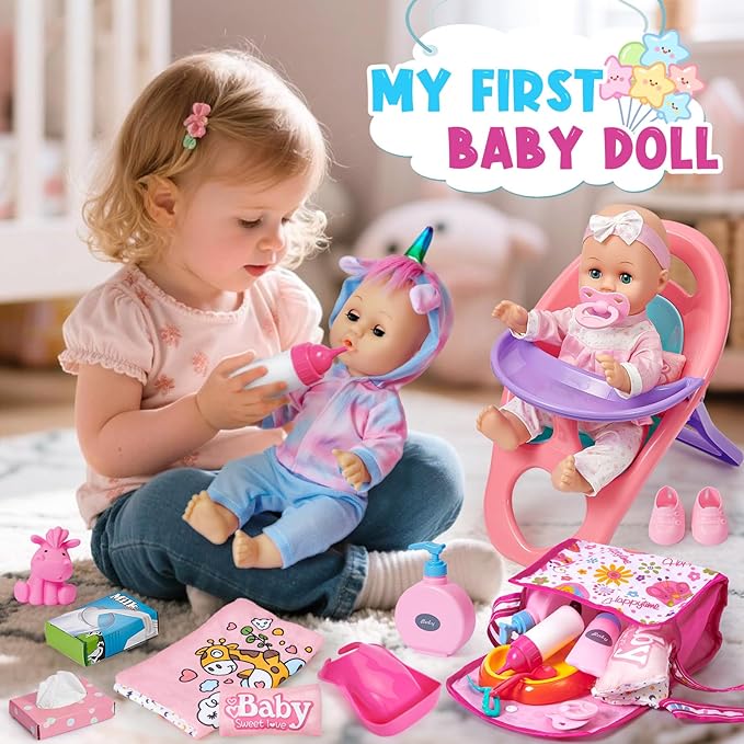 Golray 12 in Baby Doll Toys Set with Stroller for 3 4 5 6 Year Old Girl - 26pcs Babydoll with Accessories Quilt Pillow/Highchair/2 Clothes, Feeding Nursing Pretend Play Toddler Girl Toy Gift 3-5-7