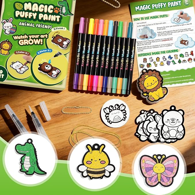 ZOOI Gifts for Kids Magic Puffs Animals, Crafts for Kids Ages 4-8, 3D Art Kit DIY Color Inflate Activity, 19 Mess-Free Paint by Number Craft for Kids, Travel Creative Gift for Girls Boys Ages 3-12