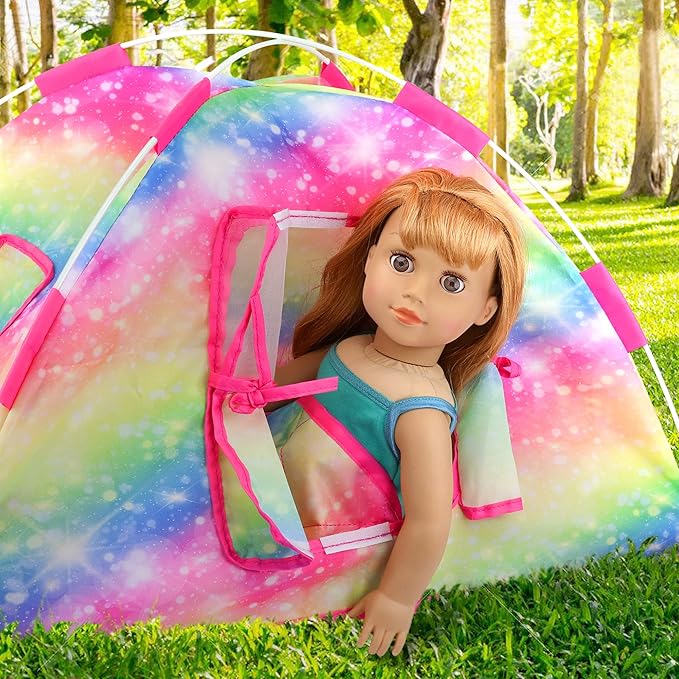 ZITA ELEMENT 7 Items Fashion Camping Tent Set for 18 Inch Girl Doll Accessories - Including 18 Inch Doll Camping Tent, Sleeping Bag, Clothes Set, Shoes, Camera, Eye Glasses and Toy Dog