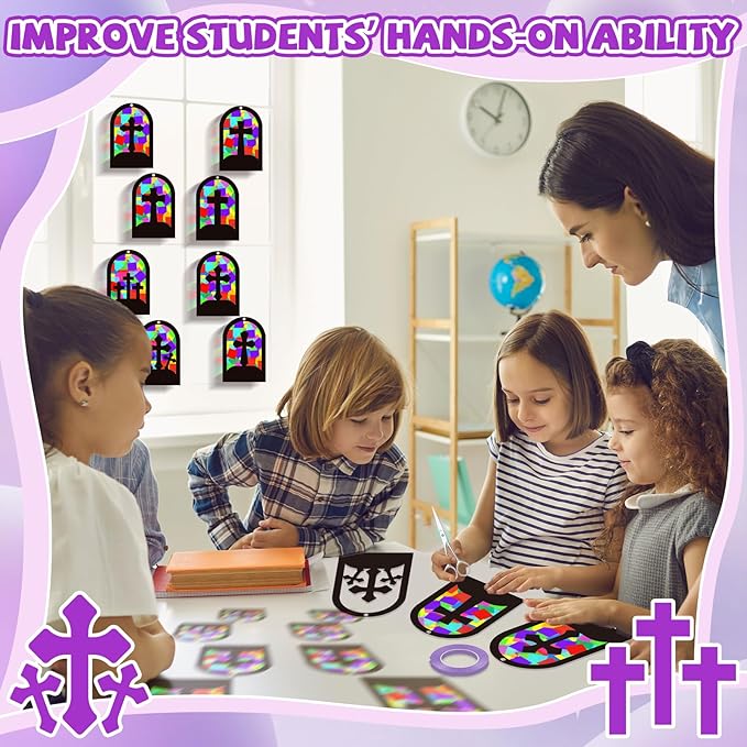 QOUBAI 32 Sets Cross Suncatchers Craft Kit DIY Religious Window Stained Glass Effect Christian VBS Paper Hanging Ornament Kid Easter Sunday School Birthday Gift Creative Art Project Activity Game