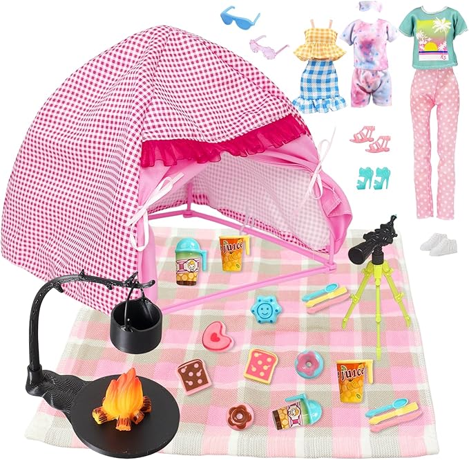 35 Pcs Travel Camping Tent Playset for Girl Dolls, 1 Tent 1 Picnic Mat 1 Telescope 20 Pcs Campfire and Food Sets 3 Outfits 3 Shoes 2 Glasses, Camping Accessories for 11.5 inch Doll