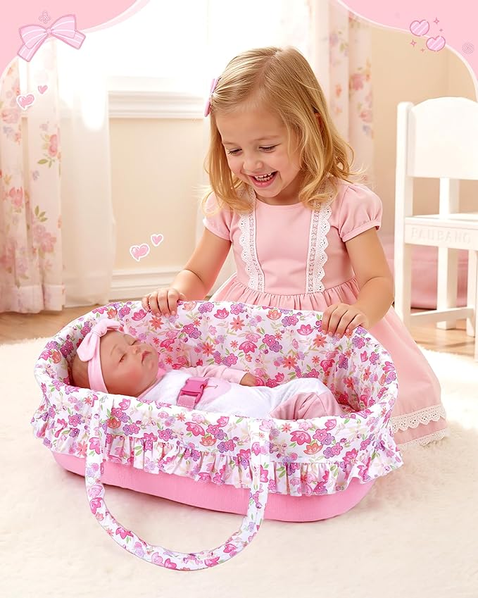 BABESIDE 2 Pcs Reborn Baby Doll Accessories, Pink Floral Baby Doll Bassinet with Pillow and Built-in Carrier, Portable Doll Bed with Handle for 17-22 Inch Lifelike Dolls (Dolls Not Included)