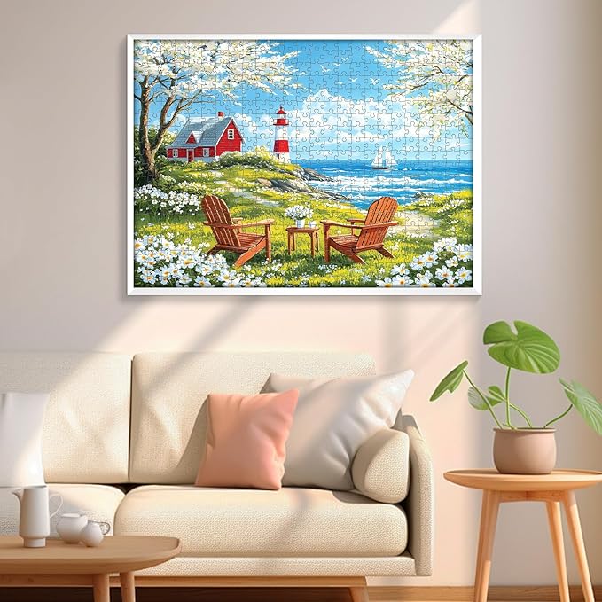 500 Pieces Puzzles for Adults, Relaxing Coastal Lighthouse Jigsaw Puzzles, Premium Seaside Scenic Landscape Wall Art for Home Decor, Challenging Gift for Women & Men, 20.5x15 in