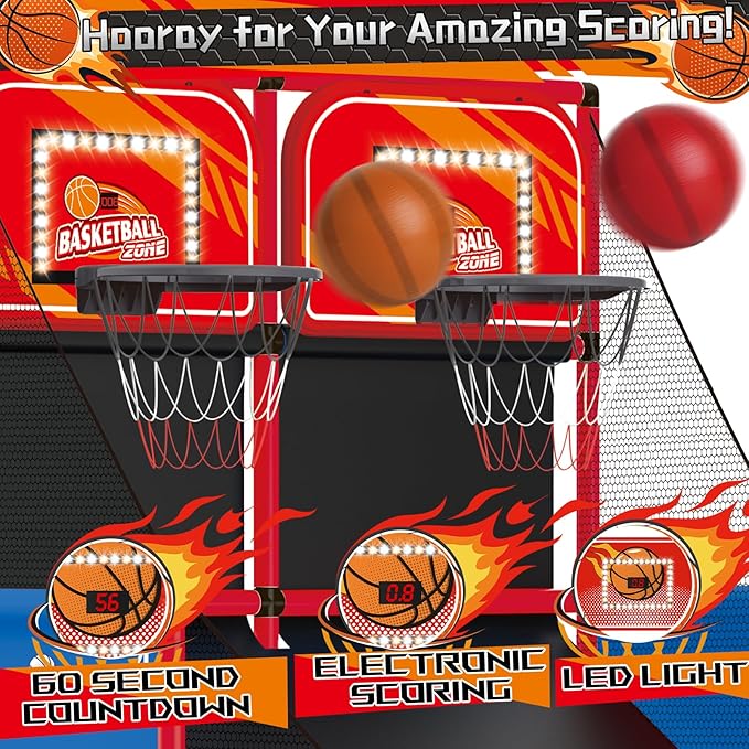 Upgrade Dual Basketball Arcade Game Kids Basketball Hoop with Electronic Scoreboard LED Light 6 Balls Indoor Outdoor Sports Toys Gifts for Boys Girls Ages 3-8 (Red)