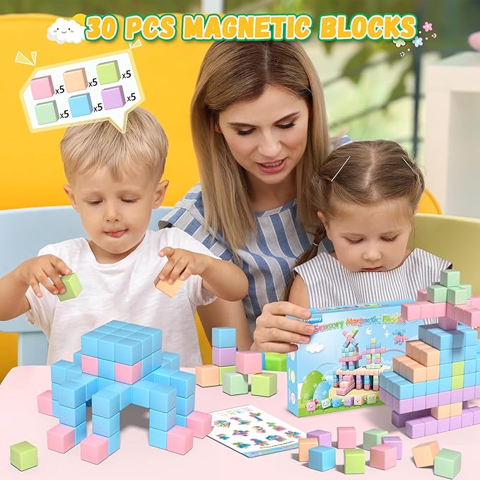 30PCS Magnetic Blocks, Waterproof Building Blocks, Macaron Colors Cubes, Preschool Classroom Must Haves Sensory Autism Toys, STEM Kids Toys Christamas Present for Boys Girls ages 3 4 5 6 Year Old