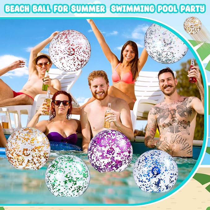Chivao 12 Pack 16 Inch Glitter Beach Ball Inflatable Beach Ball Giant Pool Toys Blow up Swimming Pool Water Toys for Summer Indoor Outdoor Water Games Themed Birthdays Party Favor