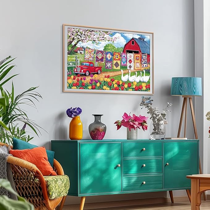 300 Piece Jigsaw Puzzle for Adults – Spring Farmyard Delight with Quilts & Tulips– Challenging and Relaxing Puzzle for Game Nights, Gifts & Home Décor (20.5" × 15")