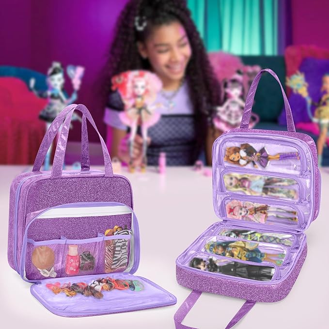 LoDrid Doll Case Compatible with Monster High Dolls with 6 Transparent Pockets for Display and Storage, Tote Bag with Front Pocket and Handle, Purple, Bag Only