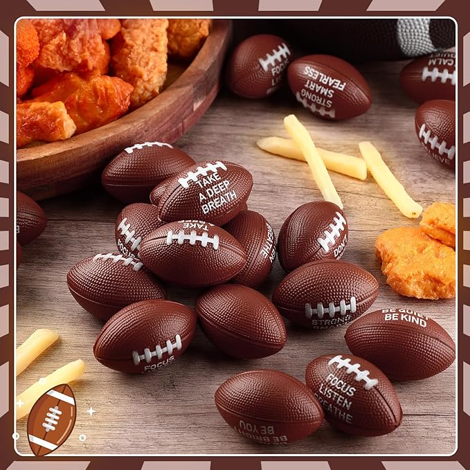 Realspring 72 Packs Mini Football Sports Stress Ball Mini Foam Footballs 2.17 Inch Stress Relief Balls with Motivational Quotes Relief Adults Encouraging for Football Themed Party, Brown, 9 Style