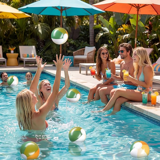 Realspring 12 Pcs Pastel Inflatable Beach Balls Kids Bulk Stripe Jumbo Big Beach Balls Pool Floating Toy for Adult Water Game Baby Shower Birthday Summer Swimming Party (Orange and Green,10 Inch)