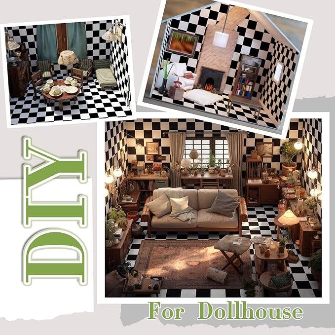 Flutesan 12 Pcs Miniature Dollhouse Wallpaper and Flooring Peel and Stick Mini DIY Self Adhesive Dollhouse Accessories 8.27 x 11.69 Inch (Check Pattern)