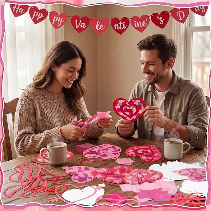 Feifeiya 24 Sets Valentine's Day Crafts for Kids Pink Heart Suncatcher Stained Glass Effect Tissue Paper Crafts Hanging Ornaments Kit for Valentine Party Favors Classroom DIY Art Project Supplies