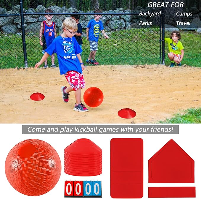 Kickball Set with Bases and Ball - 8.5" Kickball, Rubber Throw Down Bases, Sports Traning Cones, 12" Pump and 14" Scoreboard - Perfect for Kids and Adults - Playground and Backyard Game