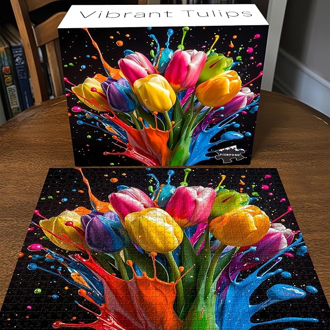 Gradient Tulips 1000 Piece Puzzle for Adults, PICKFORU Coloful Flowers Art Jigsaw Puzzles, Hard Challenging Spring Plant Theme as Wall Decor