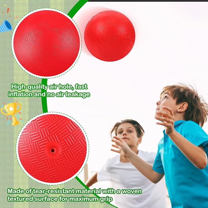 Jenaai 20 Pcs Sports Kickball Set, 3 10'' Playground Ball, 5 Rubber Throw Down Bases, Ball Pump, Net Bag, 10 Foul Line Cones, Kickball All in One Kit for Kids Adults Playground Backyard Game (Red)