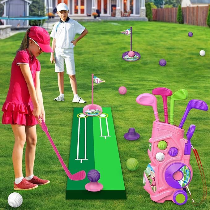Letapapa Toddler Golf Set with Putting Mat, 4 Clubs, 8 Balls, 2 Practice Holes for Kids 3-5 Years Old, Indoor Outdoor Sports Toys with Shoulder Strap, 20 Pieces