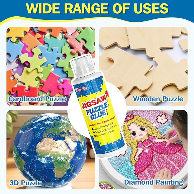 Jigsaw Puzzle Glue with Sponge Tip & Squeegee – Clear, Fast-Drying Puzzle Sealer for 1000/3000/5000 Piece Puzzles – Non-Toxic Adhesive for Paper & Wooden Jigsaw Puzzles – 200ML x 2 Pack