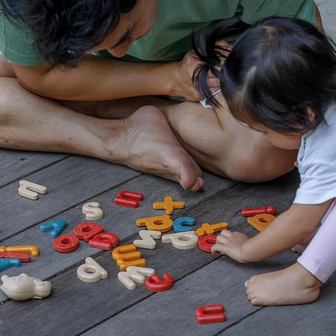PlanToys® Lower Case Alphabet Wooden Learning Set for Kids Ages 3+ | Montessori Educational Resource for Literacy, Letter Recognition & Spelling | Eco-Friendly Early Language Development Tool