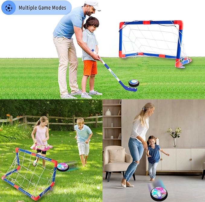 3-in-1 Hover Hockey Soccer Ball Set, Rechargeable Air Soccer and Floating Battery Hockey Kids Toys with LED Lights and Foam Bumper, 2 Goals for Boys and Girls Ages 4 5 6 7 8-12 for Indoor/Outdoor Game