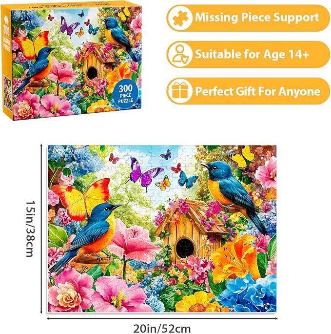 300 Piece Jigsaw Puzzle for Adults, Birds Flower Puzzles 300 Pieces for Adults Fit Together Perfectly, Challenging Puzzle for Friends Family Activity Game Nights- Finished Size 20.5×15