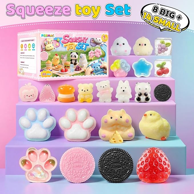 22PCS Squishy Pack, Adorable Squeeze Toys Set ,Fidget Toys Kit for Kids and Adults, Perfect for Classrooms and Offices, Parties, Birthday Gifts (8 Large + 14 Small)