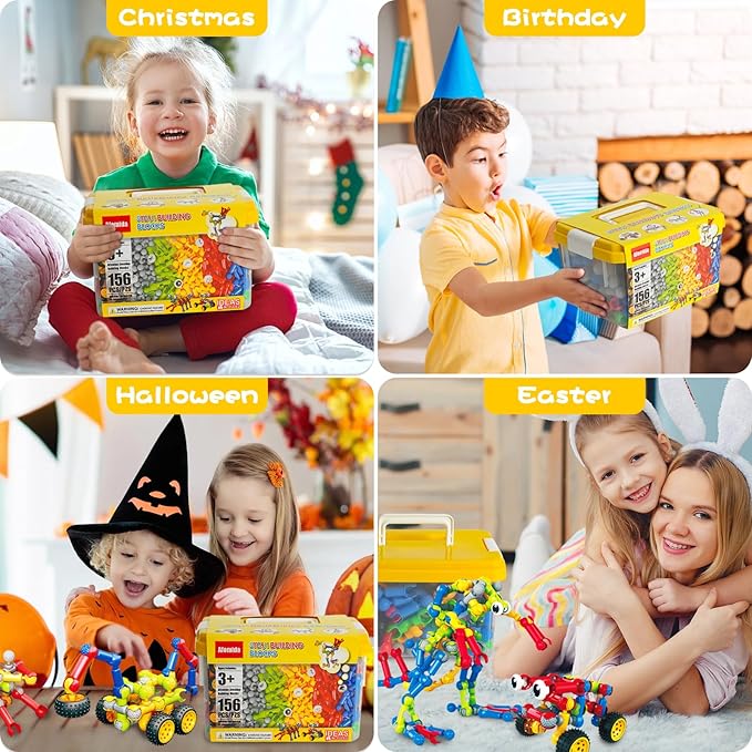 156 PCS Creative Building Blocks Building Toy Set - Featuring Storage, Includes Dinosaur, Robot, Car, Spider, Dog, Animal Figure Building Toy Playset for Kids, Birthday Gift Ages 3+ (2)