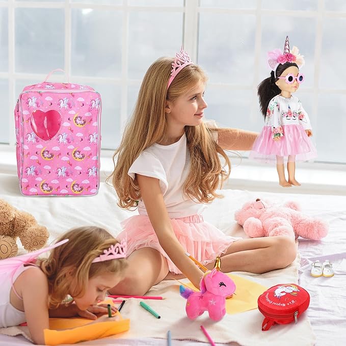 Wettarn 18 Inch Doll Carrier Set with Clothes and Accessories Including Doll Travel Bag, Dress, Shoes, Sunglasses, Backpack and Unicorn for Unicorn Birthday Gift (Cute,Red)