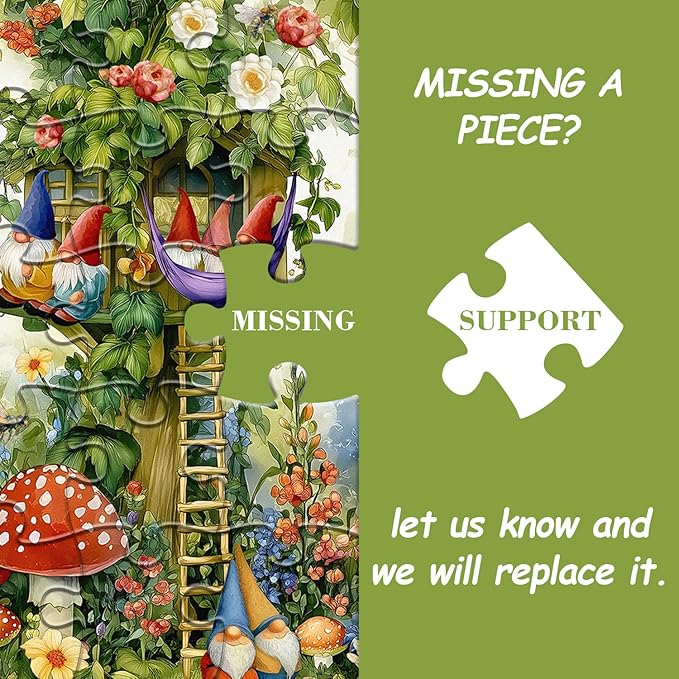 Garden Gnomes Puzzles for Adults 1000 Pieces, Sunflower Plant Bee Themed Jigsaw Puzzles, Nature Treehouse Puzzle with Flower, Funny Gnomes Floral Mushroom Wall Art