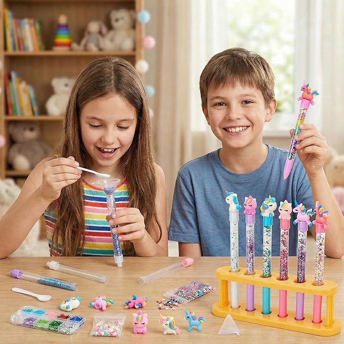 Bafeil Unicorn DIY Pen Making Kit, 15 Make Your Own Glitter Pens Creator Studio with Sequins Beads, Creative Arts & Crafts Marker Set, Personalized Colouring Pens Birthday Back School Gift